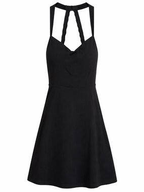 Black Halter Mini Dress | Open Back Fit & Flare | Size M